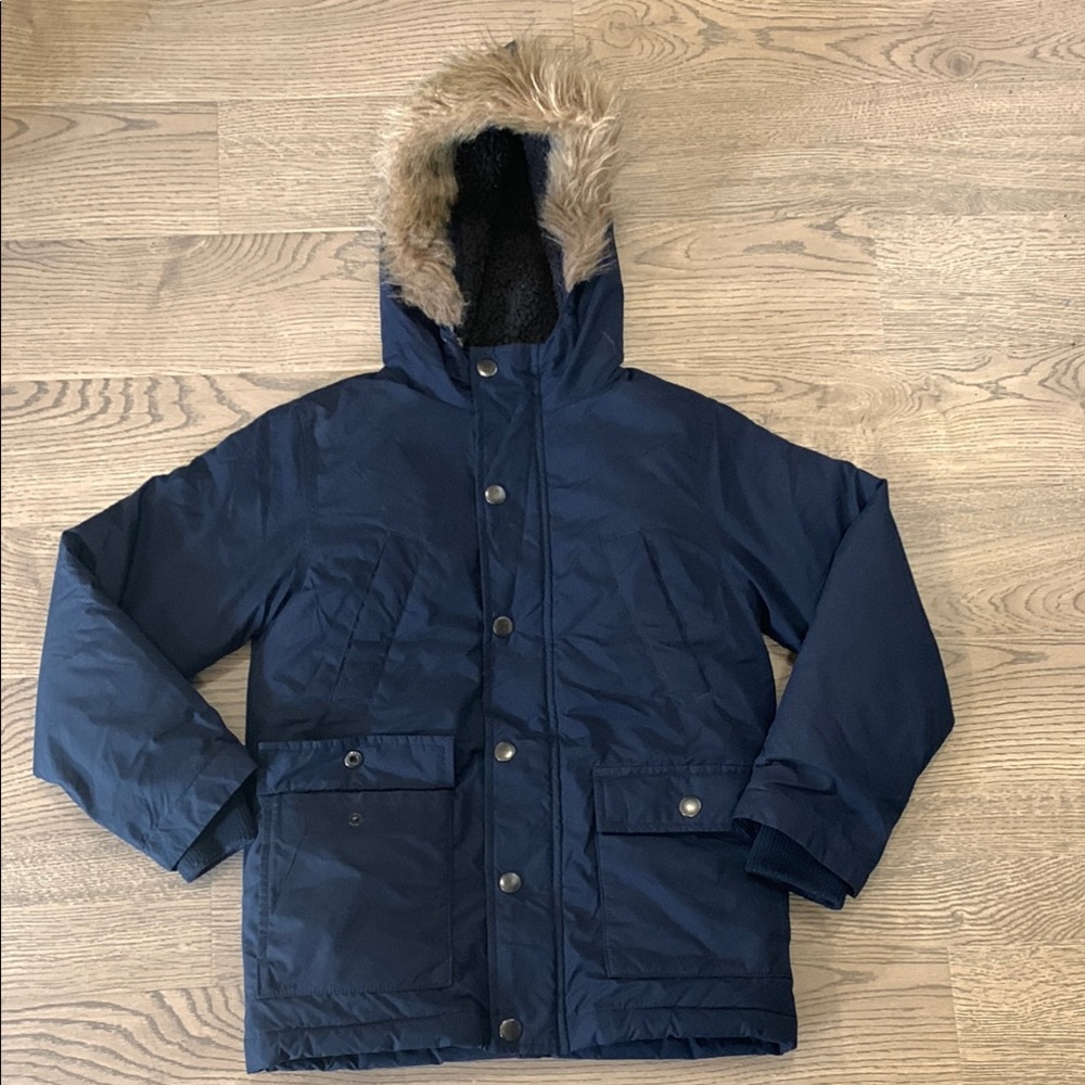 Navy Kids Sherpa lined Jacket with Faux Fur Hood